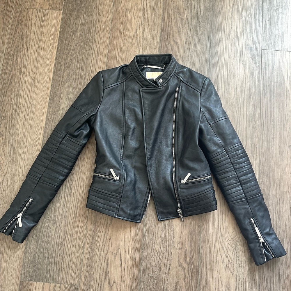 Michael Kors Black Leather Jacket Asymmetrical Zipper Quilted Sleeves